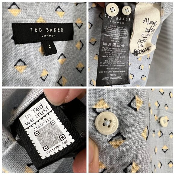 Ted Baker 100% Linen Arnel Geometric Print Button Down Summer Shirt Sz 4 (Large) - Picture 14 of 15